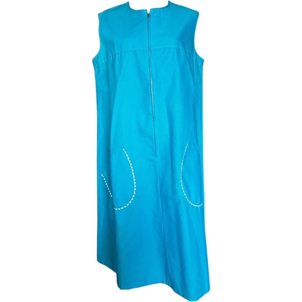 Vintage Turquoise Blue Sleeveless House Dress with White Ric Rac‎ Trim | Size 18